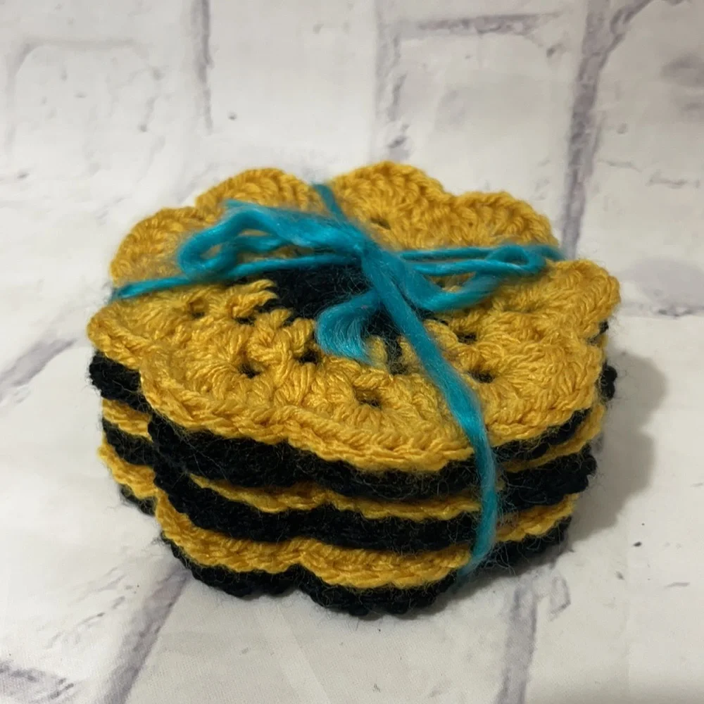 Handmade Crochet Granny Circle Coasters Set of Six Black and Gold